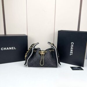 Alternative view of Chanel 25 Mini Handbag Braided Raffia And Gold Tone Metal Black White 22cm