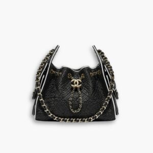 Chanel 25 Mini Handbag Braided Raffia And Gold Tone Metal Black White 22cm