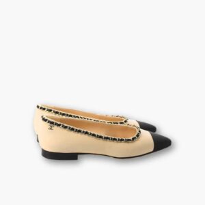 Chanel Grosgrain Chain Cap Toe Ballet Flats Beige And Black